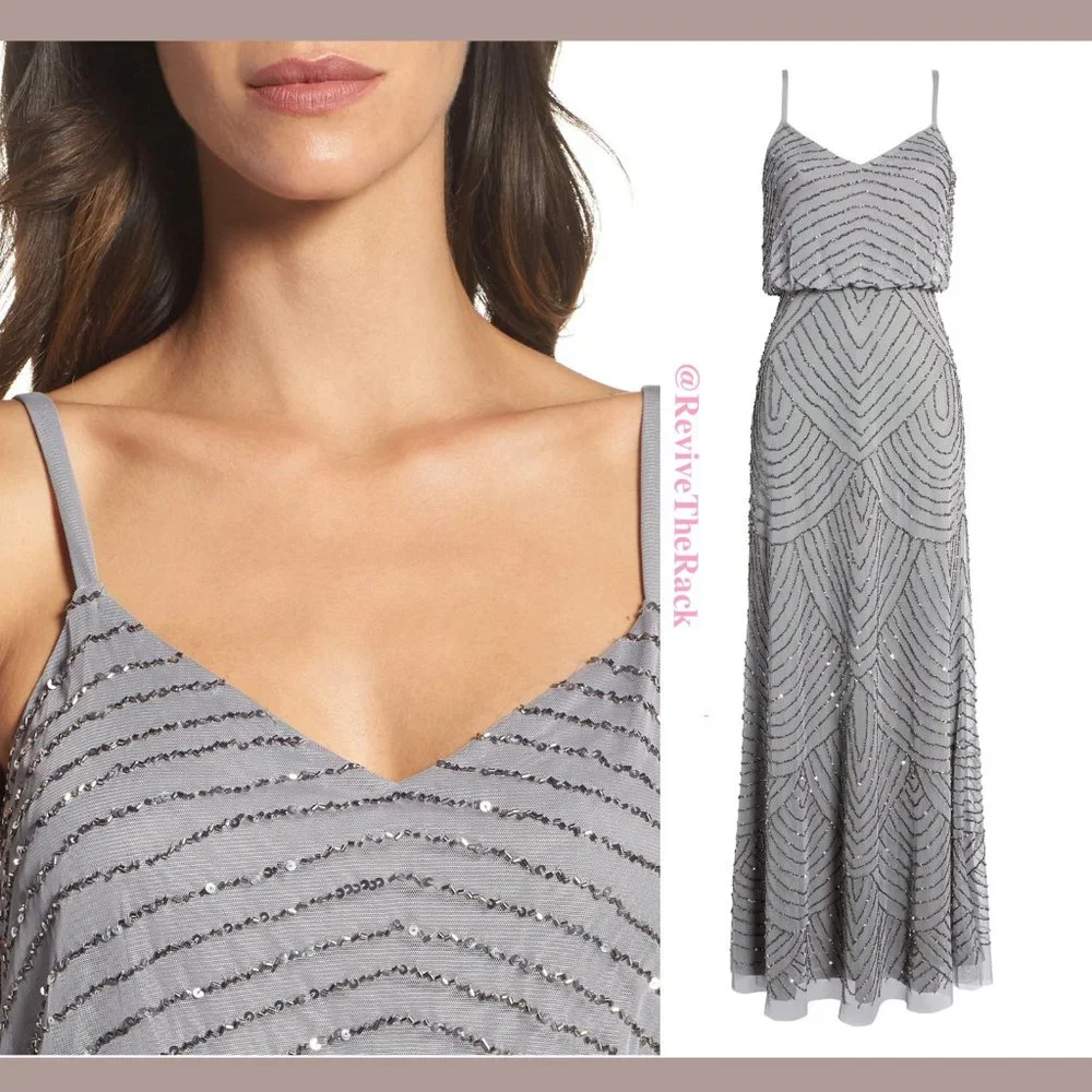 NEW Adrianna Papell Art Deco Beaded Blouson Gown in‎ Silver/Grey [SZ 6 ]